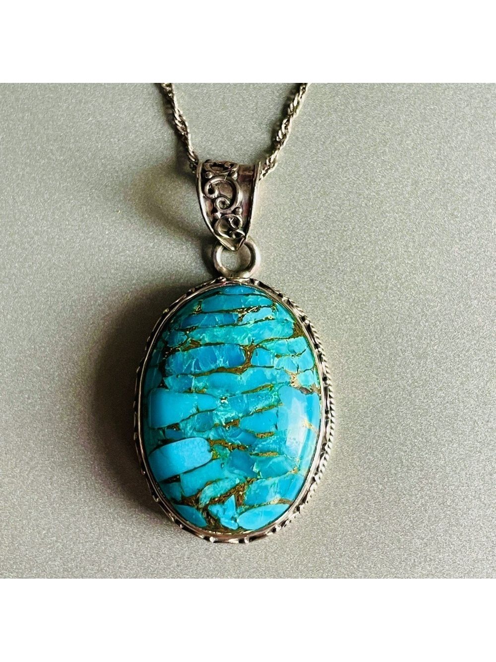 Copper Turquoise Oval Filigree Sterling Silver Pendant Rope Chain Neckla